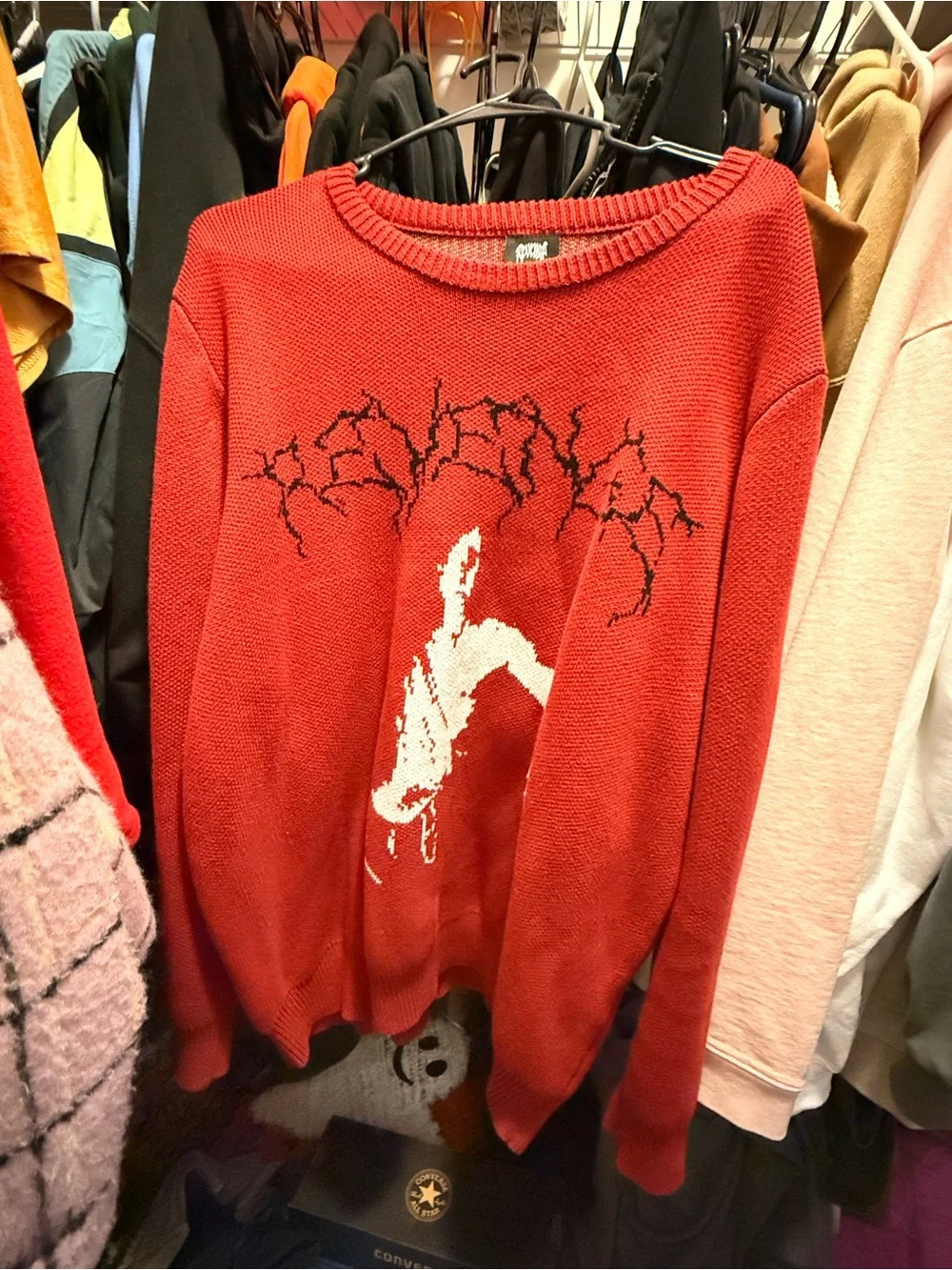 Bershka Red Graphic Crewneck Sweater with White Motif - Picture 5 of 7